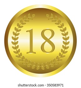 Vector illustration of Laurel wreath on a gold background. Anniversary - 18.