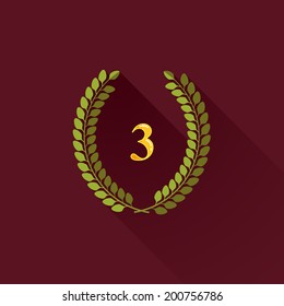 vector illustration with laurel wreaths in flat design with long shadow. 3 place