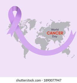 Ilustración vectorial de la cinta lavander en el mapa del fondo del mundo con una inscripción en el Día Mundial del Cáncer. Conciencia sobre el cáncer. Concepto del Día Mundial del Cáncer
