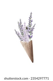 Vector illustration with the lavender bouquet and bee on the transparent background.