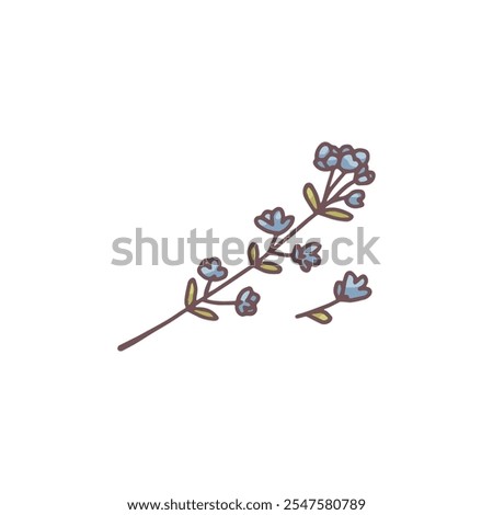 Vector illustration with lavender branch on isolated background. Blue flowers for herbal medicine and spa. Plant in flat cartoon doodle style. Herbal cosmetics and aromatherapy. Icon for design.