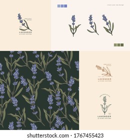 Vector illustration lavender branch - vintage engraved style. Logo composition in retro botanical style. Seamless pattern