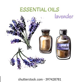 Vector Illustration Of Lavender Essential Oils. Bunch Of Flowers, Flasks And Bottles. Set Of Hand Drawn Watercolor Objects Isolated On White Background.