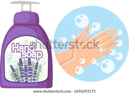 Vector illustration of lavender hand soap bottle and hands washing with bubbles, flat style