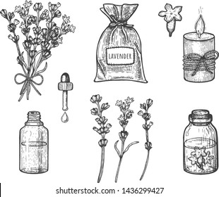 Vector illustration of lavender herb set. Branch, flowers, bouquet, bush, pouch, fragrance, present decoration, tea, envelope, bottle. Vintage hand drawn doodle style. 
