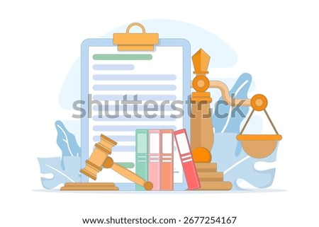 vector illustration of law and justice concept. consulting a client, judge striking gavel, representing legal advice, courtroom judgment, consultation, and legal services for websites or banners.