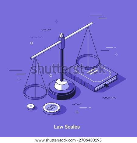 Vector illustration with Law scales with book and coin in isometric thin line cartoon style. Justice, balance and legal equality concept for law and finance.