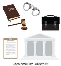 Vector illustration of law symbols with handcuffs, briefcase, law book, hammer and courthouse. Legal, law, justice icon set