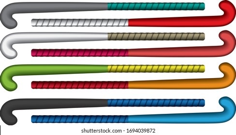 A vector illustration of lawn hockey sticks with various color combinations on an isolated white background