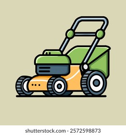 vector illustration of a lawn mower that has two colors with a nature theme, plain background.