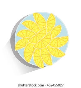 Vector illustration in lay flat style. Sweet delicious slices of lemon lay on plate. Object isolated on white background with long shadow. Bright yellow and tender blue color. Fresh summer food, 1/3