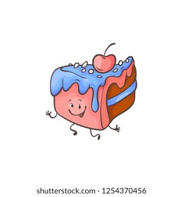 Vector illustration of layered cake with blue glaze and cherry on top cartoon character in sketch style - cute hand drawn mascot of triangular piece of sweet baked pastry isolated on white background.