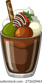 Ilustración vectorial de un postre de chocolate en capas cubierto con helado matcha y crema batida