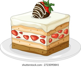 Ilustración vectorial de un pastel de crema en capas con fresas sobre un fondo de plato blanco