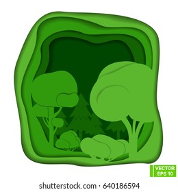 Vector illustration. Layered cut out paper, green forest. Eco Postcard