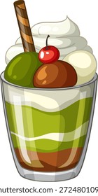 Ilustración vectorial de un vaso de postre en capas con matcha, chocolate, nata batida y cereza