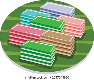 Vector illustration layered dessert, (Thai Dessert), Layer Sweet Cake (Kanom Chan), Steamed Pandan Layer Cake  placed on banana leaves, white background.
