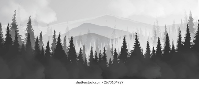 Ilustración vectorial de un bosque en capas y un Anuncio montañoso con una densa línea de pinos en primer plano y un cielo brumoso en el fondo.