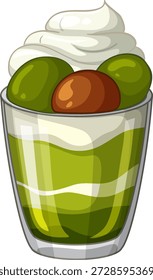 Ilustración vectorial de un postre matcha en capas en un vaso con mochi y nata