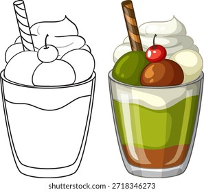 Ilustración vectorial de un parfait matcha en capas con nata batida, cereza y palo de oblea
