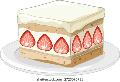 Ilustración vectorial de un bizcocho en capas con crema y fresas frescas sobre fondo blanco