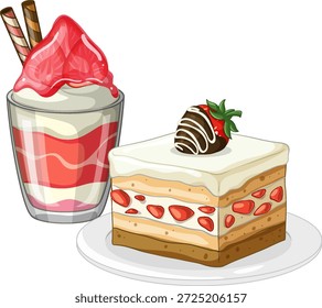 Ilustración vectorial de pastel de fresa en capas y parfait crema aislado sobre un fondo blanco
