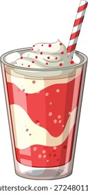Vector illustration of a layered strawberry milkshake topped with whipped cream and red sprinkles