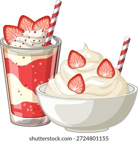 Vector illustration of a layered strawberry milkshake and whipped cream bowl on white background