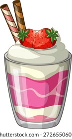 Ilustración vectorial de parfait de fresa en capas cubierto con bayas frescas y palitos de oblea de chocolate