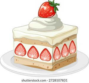 Ilustración vectorial de una rebanada de torta de fresa en capas en un plato blanco con crema