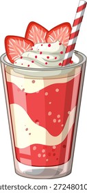 Ilustración vectorial de un batido de fresa en capas cubierto con nata batida y bayas frescas