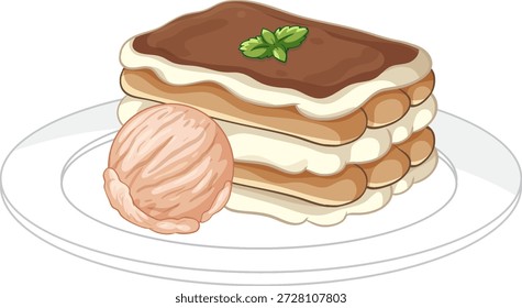 Ilustración vectorial de postre de tiramisú en capas con hoja de menta y helado en plato blanco