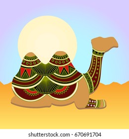 Vector illustration of laying camel in desert