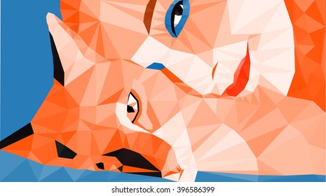 Vector illustration of laying cat and girl face on blue background. Flat polygonal technique.