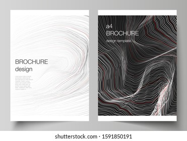 The vector illustration layout of A4 format modern cover mockups design templates for brochure, magazine, flyer, booklet, annual report. 3D grid surface, wavy vector background with ripple effect.