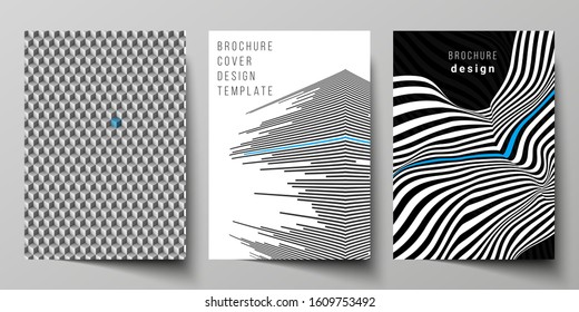 Vector illustration layout of A4 format modern cover mockups design templates for brochure, magazine, flyer, booklet, report. Abstract big data visualization concept backgrounds with lines and cubes.