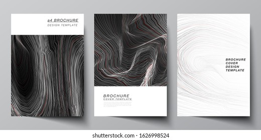 The vector illustration layout of A4 format modern cover mockups design templates for brochure, magazine, flyer, booklet, annual report. 3D grid surface, wavy vector background with ripple effect.