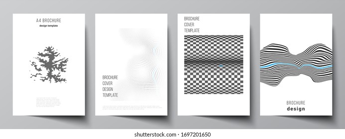 Vector illustration layout of A4 format modern cover mockups design templates for brochure, magazine, flyer, booklet, report. Abstract big data visualization concept backgrounds with lines and cubes.