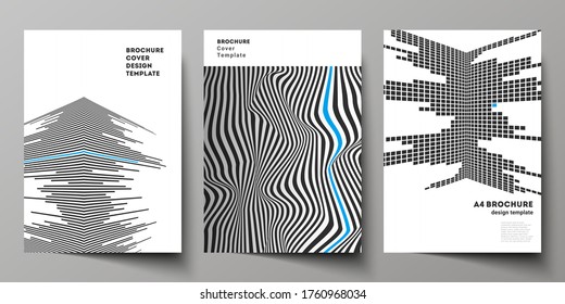 Vector illustration layout of A4 format modern cover mockups design templates for brochure, magazine, flyer, booklet, report. Abstract big data visualization concept backgrounds with lines and cubes.