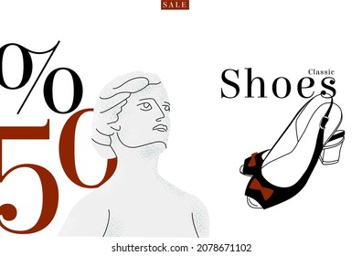 Vector illustration layout advertising shoe store discount of 50 percent. Sculpture is painted as a sign of classics and sandals. It can be used in landing page design, signage, discount cards, etc.