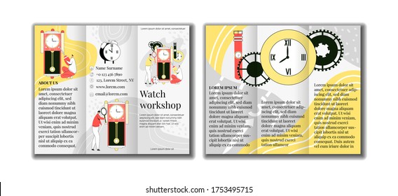 Vector illustration layout, brochure template, leaflet, on two sides, folded in three, with bend. Drawn by working watchmakers who repair, diagnose watches. Concept watchmaking, repair, restoration.