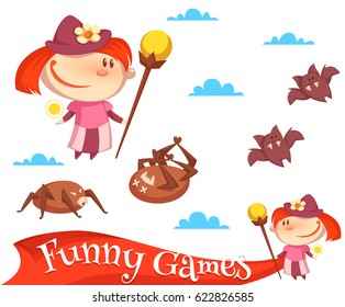 Vector illustration of the layout of a game banner with the girl, spiders and bats