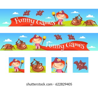 Vector illustration of the layout of a game banner with the girl, spiders and bats