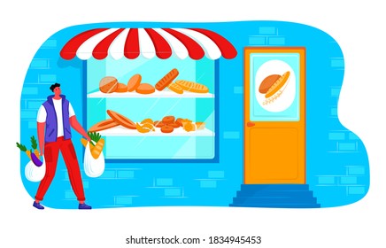 Vector illustration layout, landing page template, web, or home page. It shows  young man with grocery bags against the background of bakery. Concept baking business, sales.