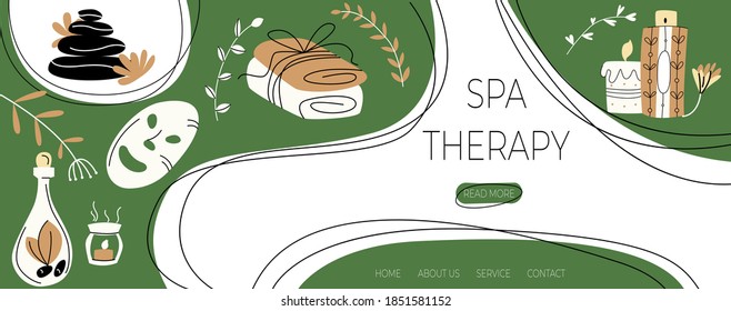Vector illustration with layout landing page, home page on topic Spa therapy. Elements for taking care body are shown against background of button templates, labels.