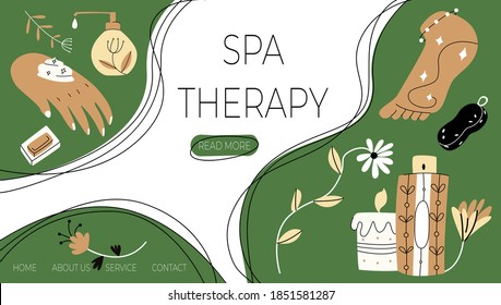 Vector illustration with layout landing page, home page on topic Spa therapy. Elements for taking care body are shown against background of button templates, labels.