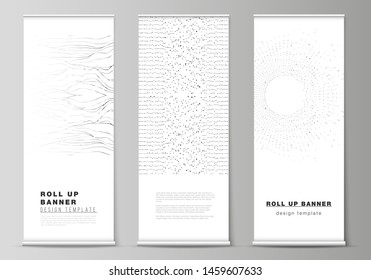 The vector illustration layout of roll up banner stands, vertical flyers, flags design business templates. Trendy modern science or technology background with dynamic particles. Cyberspace grid.