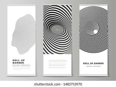 The vector illustration layout of roll up banner stands, vertical flyers, flags design business templates. Abstract 3D geometrical background with optical illusion black and white design pattern.