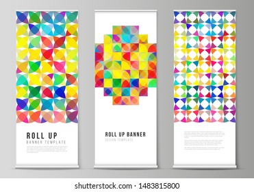 The vector illustration layout of roll up banner stands, vertical flyers, flags design business templates. Abstract background, geometric mosaic pattern with bright circles, geometric shapes.