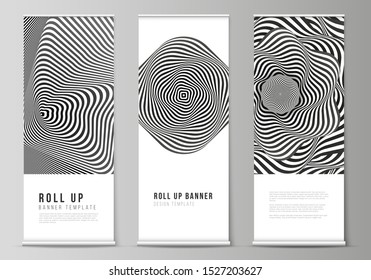 The vector illustration layout of roll up banner stands, vertical flyers, flags design business templates. Abstract 3D geometrical background with optical illusion black and white design pattern.